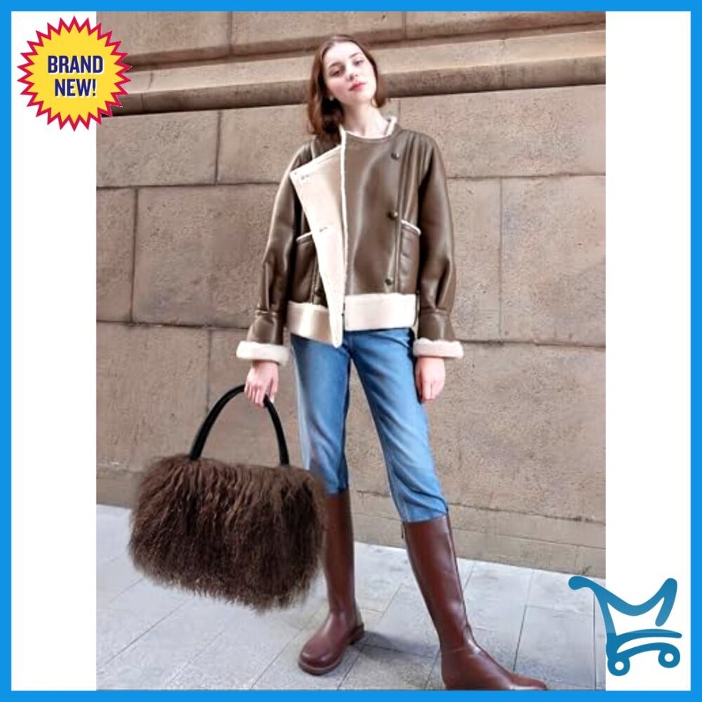 Real Lamb Fur Tote Bag with Genuine Leather Handles, Large Capacity - Picture 5 of 7